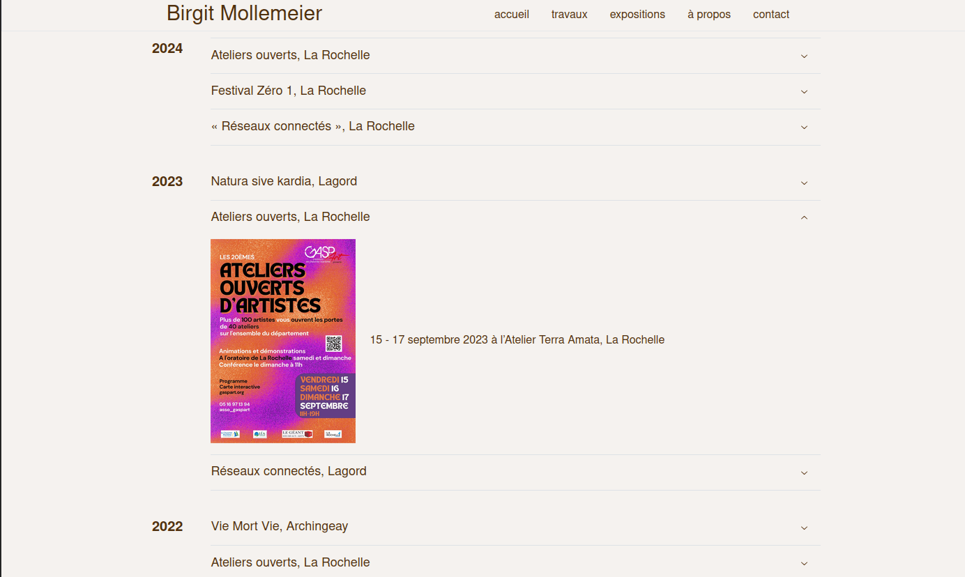 screen of the exhibitions page of the website of Birgit Mollemeier