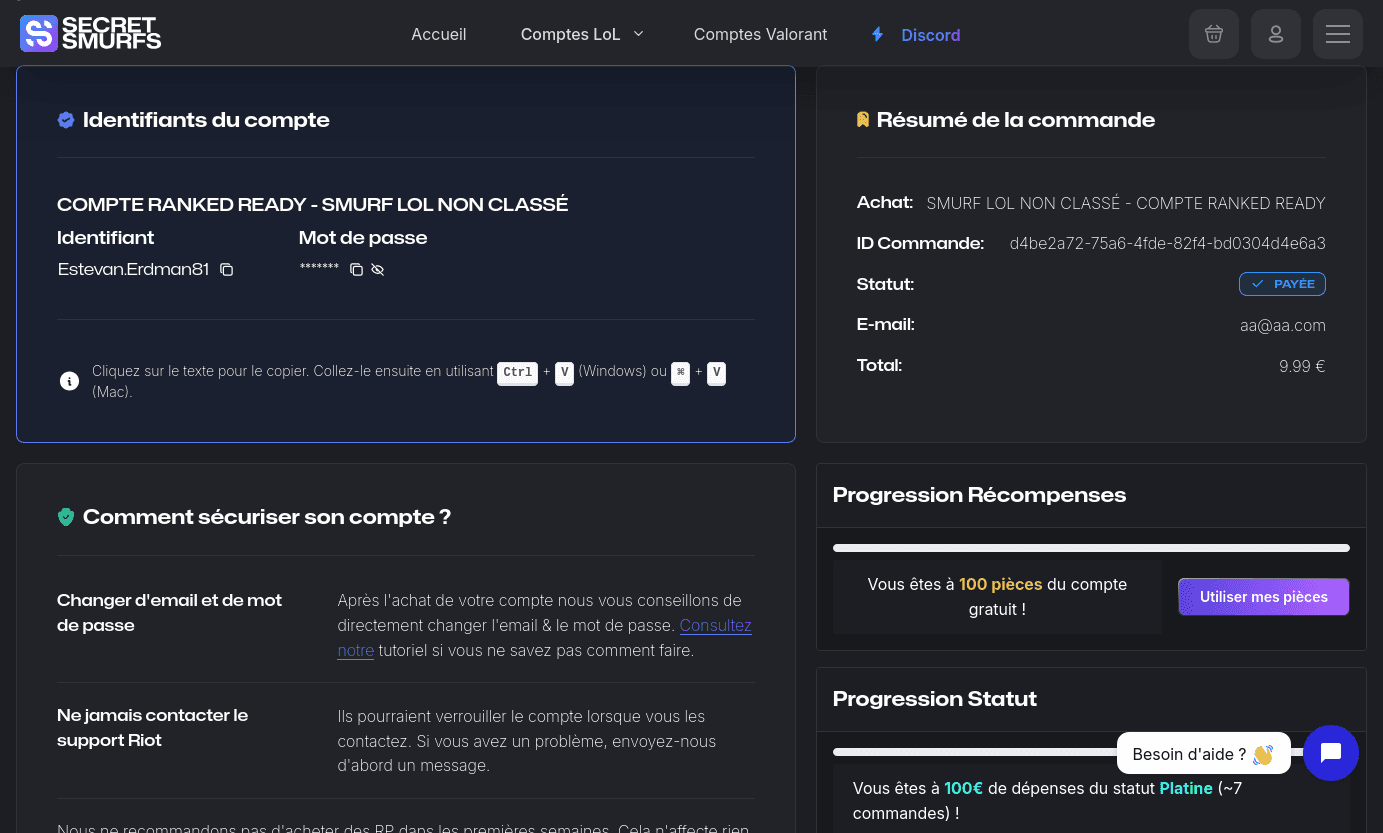 screen of the order page of the website Secret Smurfs